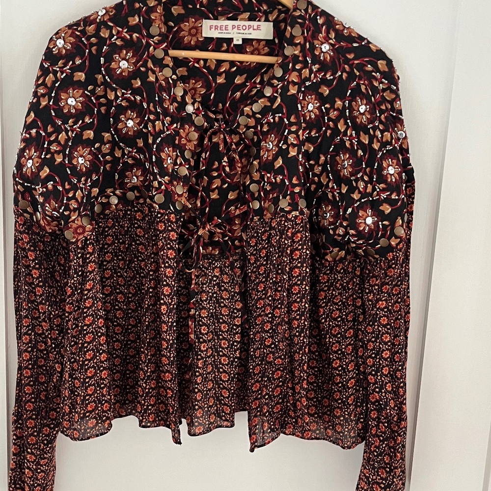 Free People Tops | Free People Floral Boho Bead Tie Oversized Kimono |